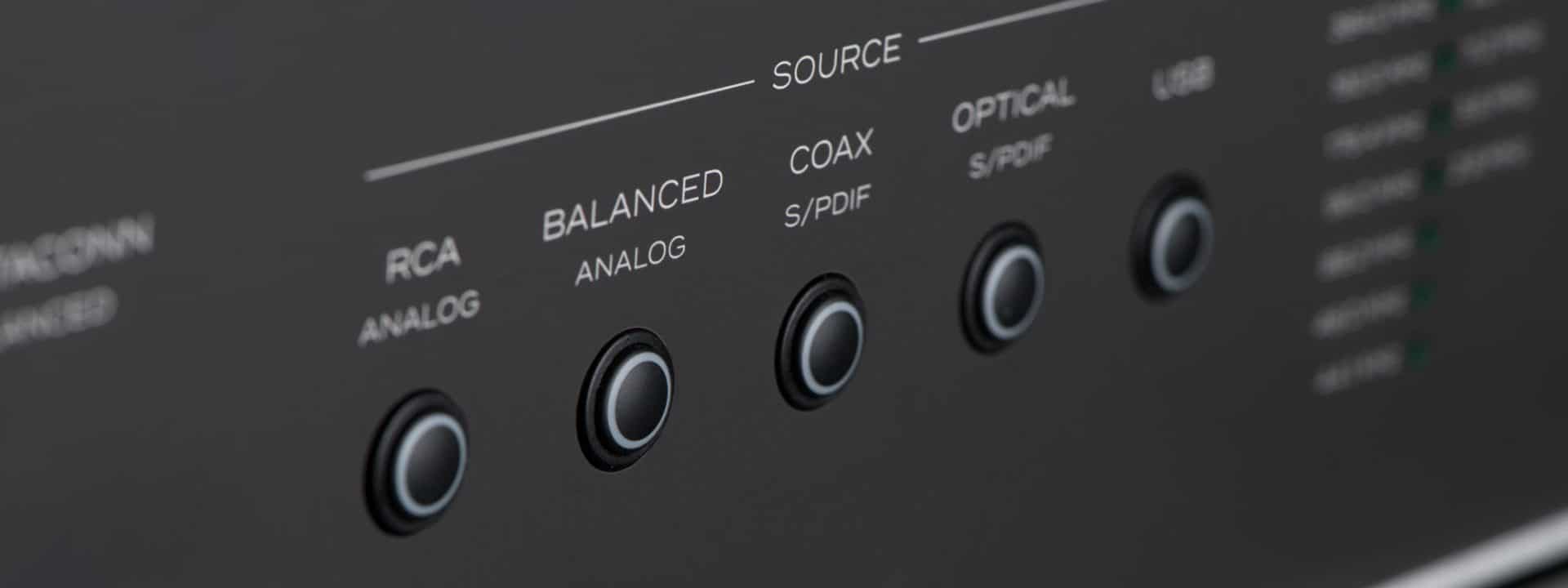 Close up of the Rupert Neve Design DAC front panel buttons